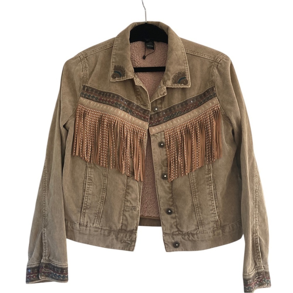 Desigual Western Fringe Embroidered Corduroy Jacket NWOT Boho Fleece lined - Picture 7 of 15